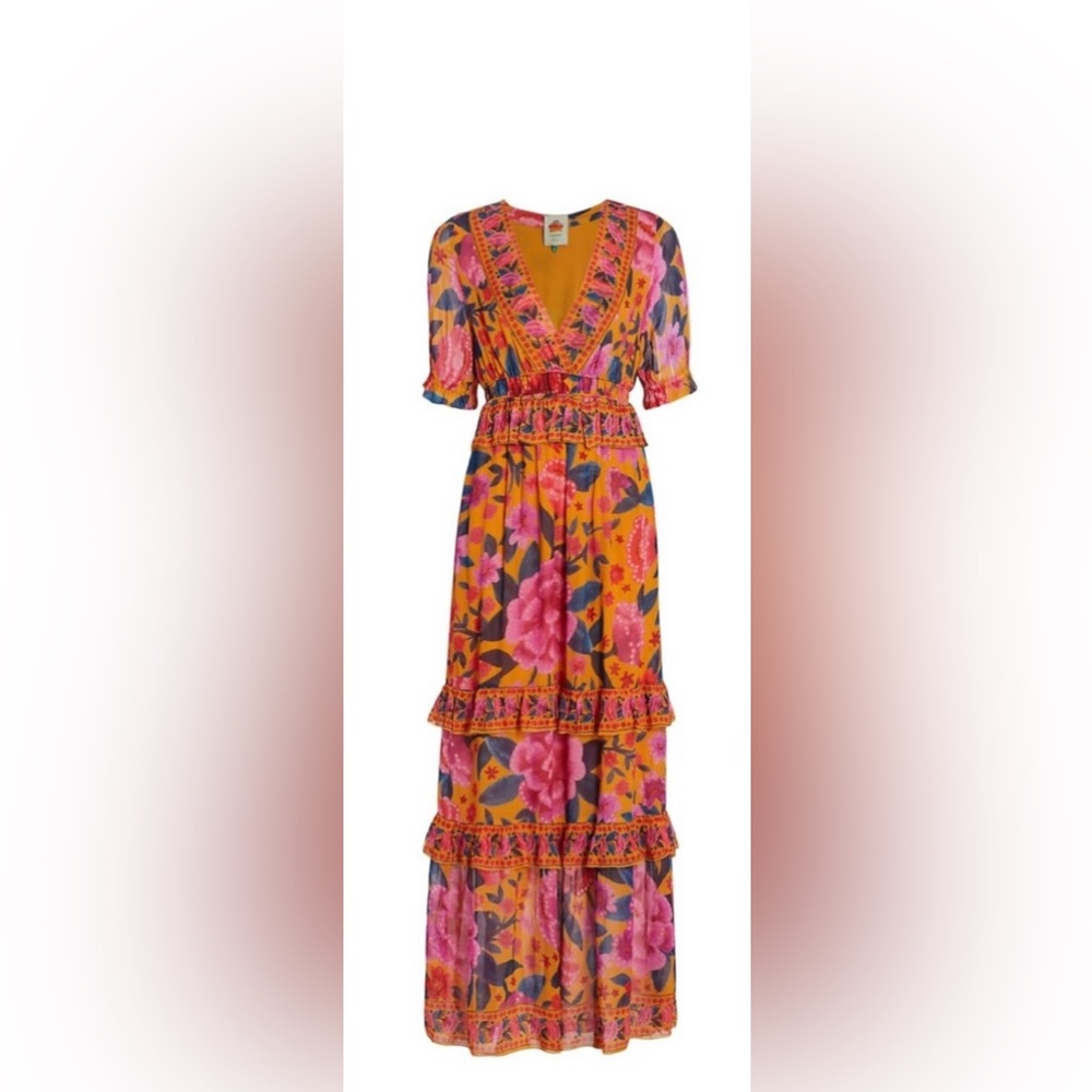 FARM Rio Orange Floral Maxi Dress with Pink & Green Accents